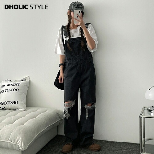 [メガ割りSALE]クラッシュブラックデニムサロペットパンツ・p681524