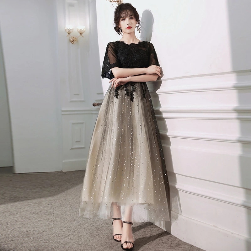 結婚式ドレス 二次会ドレス 黒 お呼ばれドレス ロングドレス ミモレ丈ドレス 3タイプ パーティードレス ブラック グラデーション レース オシャレ 30代 40代 イブニングドレス 発表会ドレス ロ 5,917円