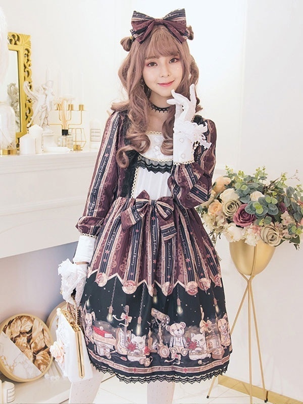 【全店任意2枚購入で100円OFF】クラシックロリータOPドレスプリントボウレーストリムブラックロリータワンピースドレス