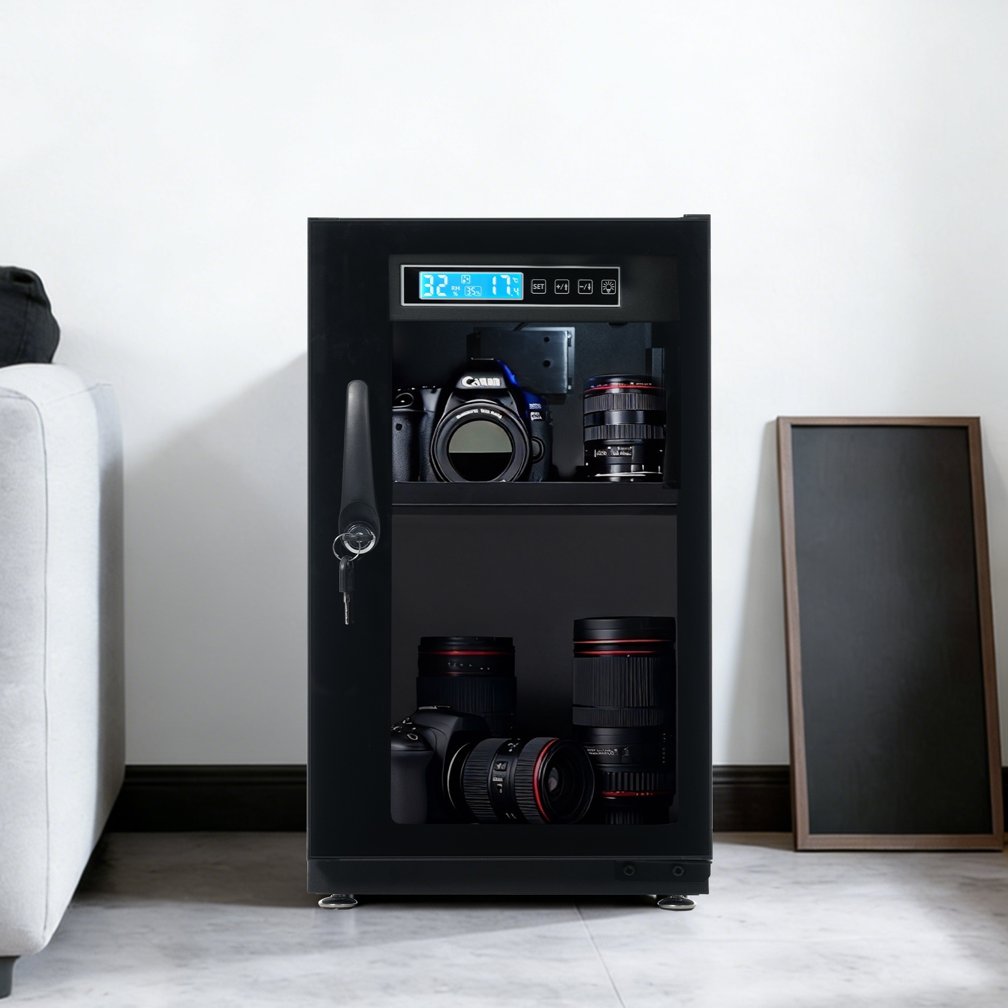 【国内発送 無-送料】783防湿庫 容量40L ブラックドライボックス 自動除湿 カビ対策 静音 鍵付き LED照明内蔵 タッチボタン ECO省エネ デジタル温度湿度表示 カメラやレンズ収納ケース 防