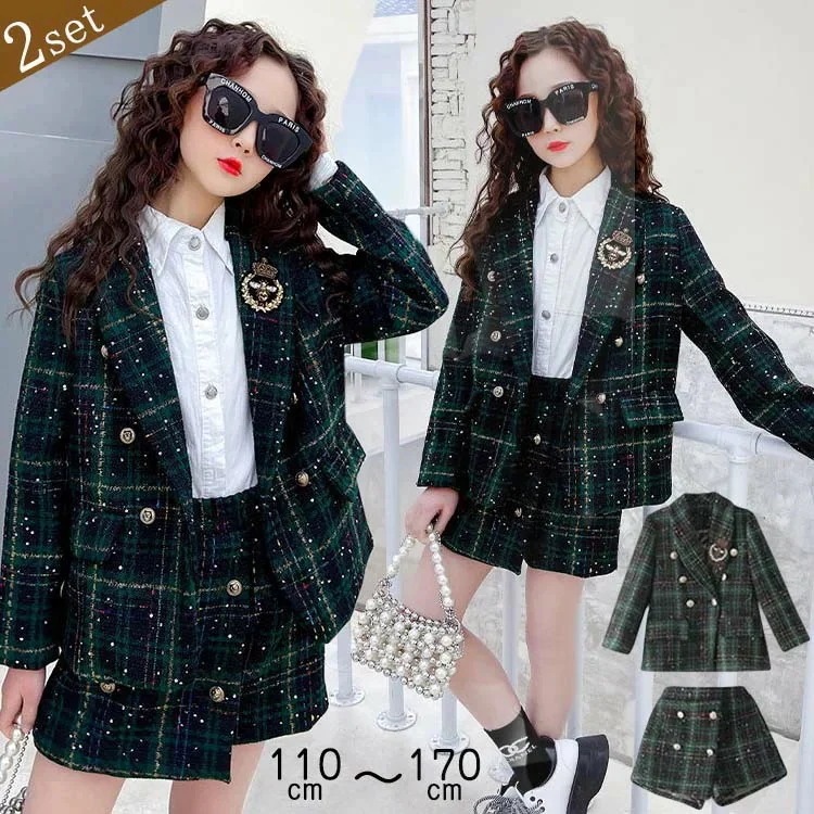 新品入学式 卒業式 スーツ 子供服 女の子 ジュニア 小学生 中学生 ショートパンツ ツイード ジャケット ロング丈 フォーマル スーツ チェック柄 可愛い お洒落 キッズ セット