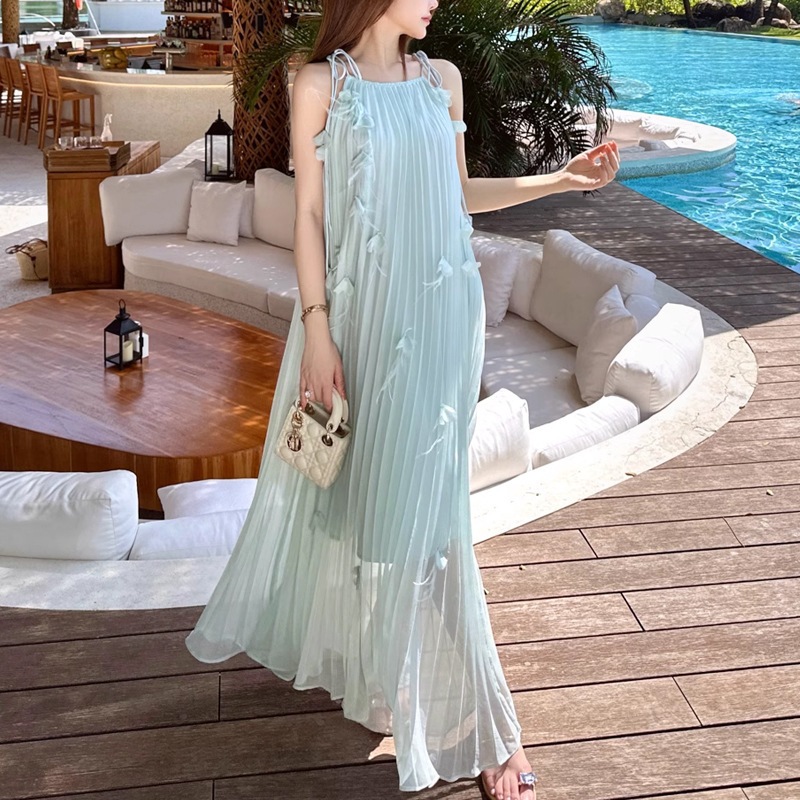 【氷緑の美しい花びらに天糸ストラップ付きワンピース休暇海辺アンドロメダロングスカート夏気質スカート