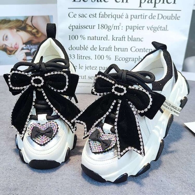 スニーカー レディース 厚底スニーカー ラインストーンリボンスニーカー 大人可愛い ママコーデ 韓国 新作 20代 30代 40代 シューズ 靴 きれいめ かわいい おしゃれ シック カジュアル お出