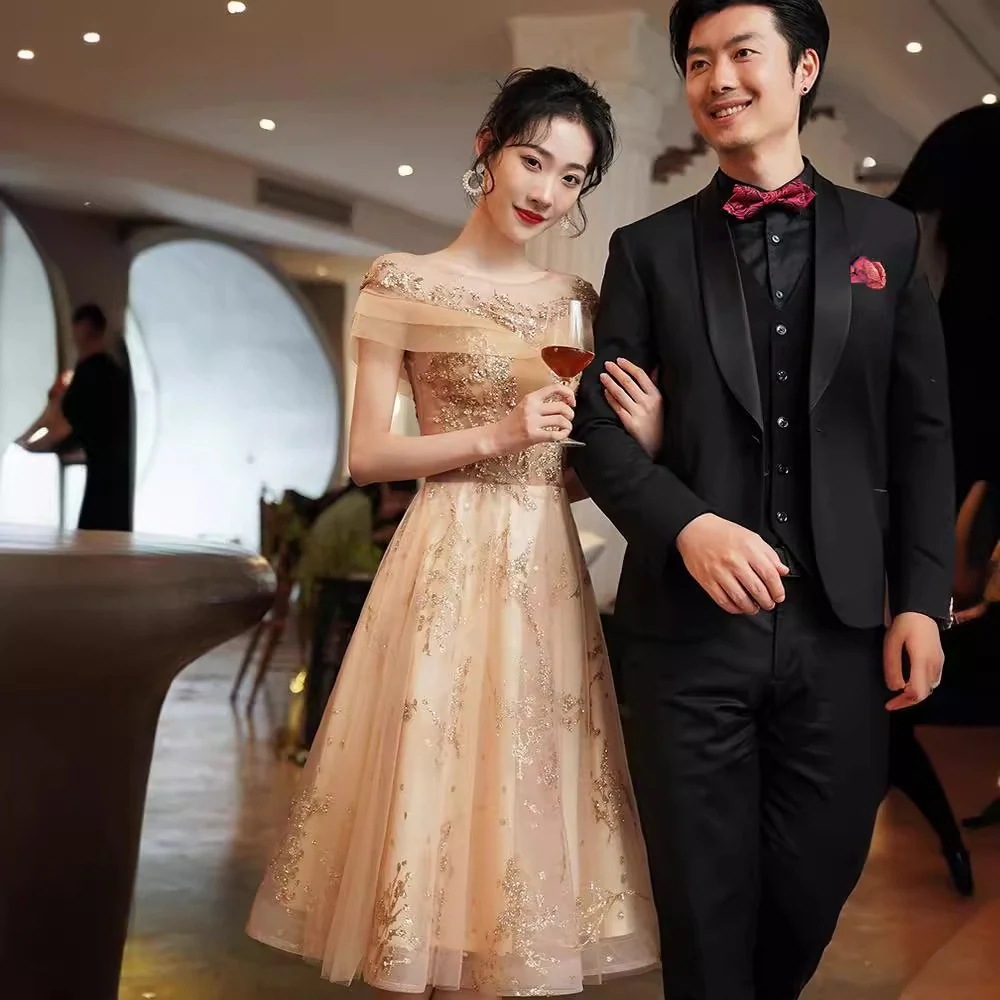 女性用シャンパンカラーイブニングドレス2024宴会気質妖精ホスト重工業ドレス