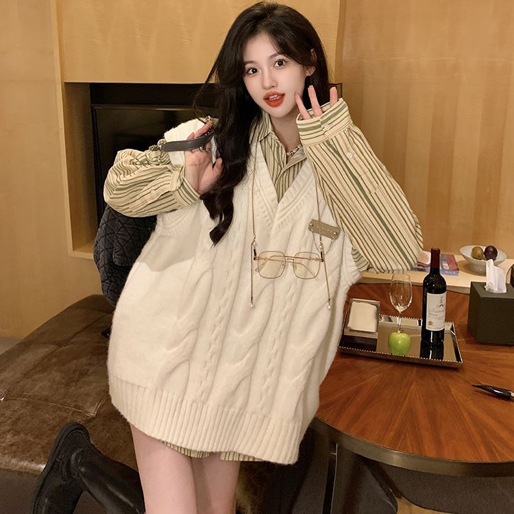 トップス レディース シャツ プルオーバー ベスト ニットベスト ジレ ニット ケーブルニット ノースリーブ 長袖 Vネック 襟付き 無地 ストライプ レトロ レイヤード トレンド フロントボタン