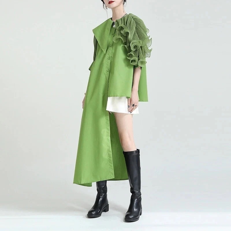 【J.Fashion】 リフル袖 レース飾り シャツワンピース ドッキング おしゃれデザイン ブラウス風 ワンピ カシミヤタッチ 日焼け止め ロンT メガ割30%までに制限