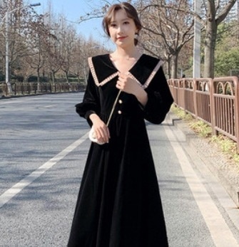 ワンピース デート モテアイテム フレアワンピース ミモレ丈 長袖 襟付き 可愛い きれいめ 上品 おしゃれ かっこいい 可愛い ラブリー キュート ガーリー クール モード系 セクシー