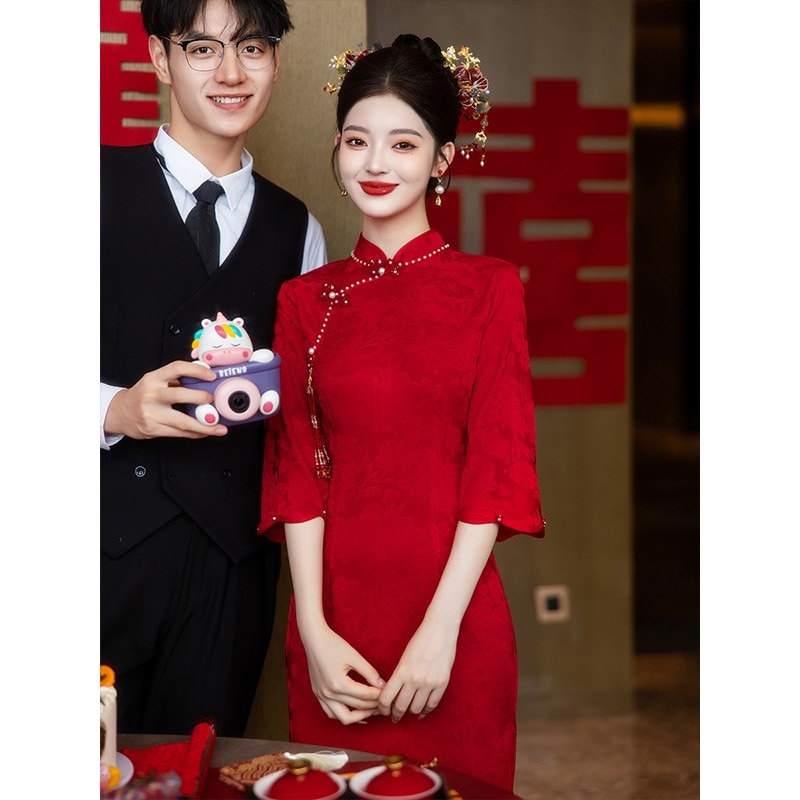 ワンピースドレスドレスチョンサムドレスワインレッドウェディングリターンホーム2025新しいのウェディングドレスエンゲージメントスカートスカート女性秋