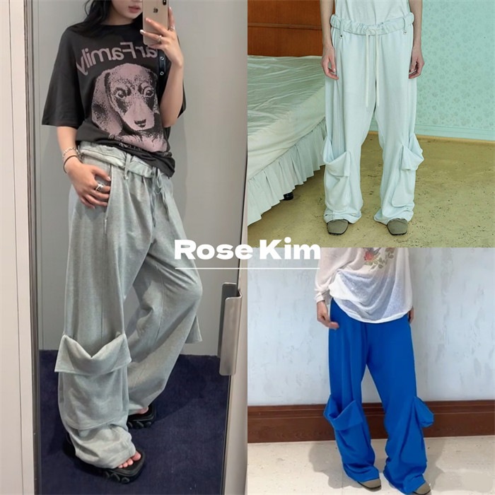 【OPEN Yy】 ROLLED WAIST SWEAT CARGO PANTS : BLUE GRAY MINTY WHITE【並行輸入品】