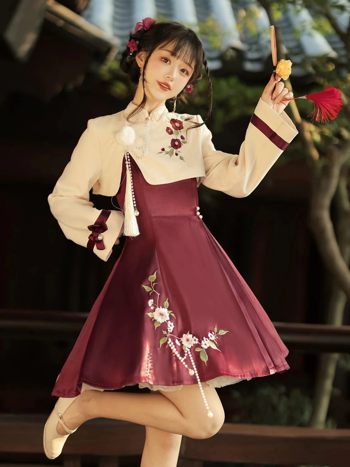 今年人気爆発中ロリータ 二次元学院祭用 人气 新作 オリジナル椿 約ロリータ漢服ワンピース セット