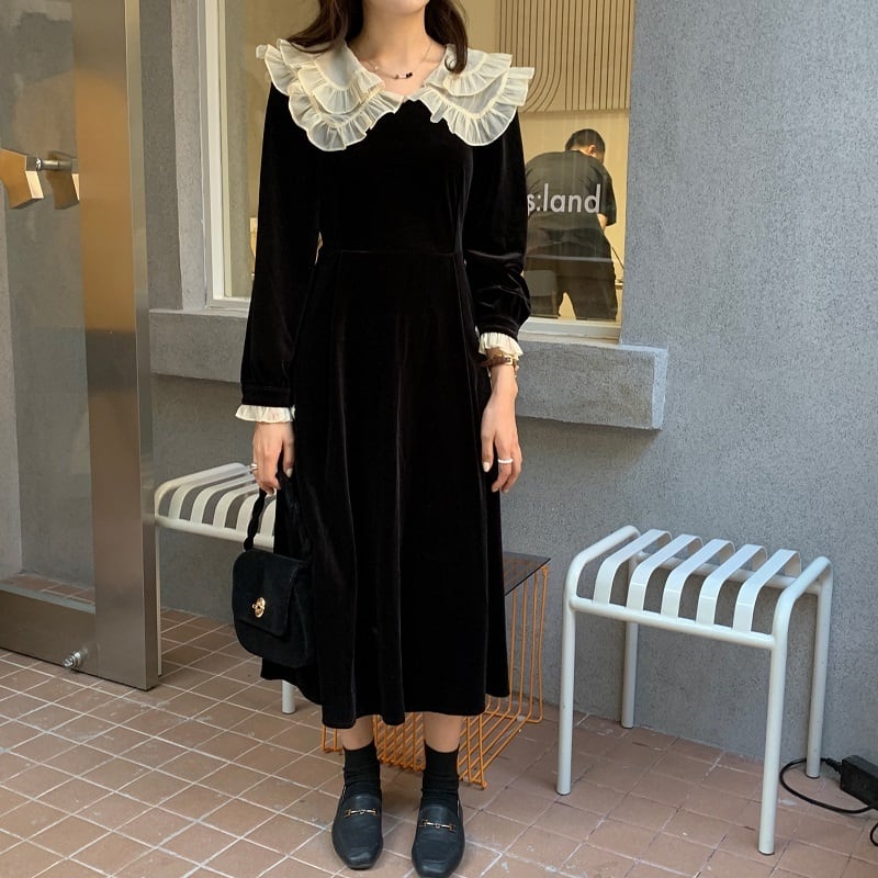 ワンピース ロングワンピース ロング丈 黒 ブラック ビッグカラー フリルカラー 長袖 フリル