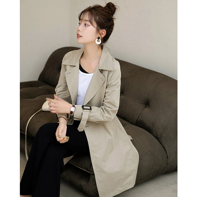トレンチコート レディース スプリングコート ロングコート アウター 春コート ロング ミドル丈 ベルト付き コート スーツ生地 撥水 大きなポケット 大きいサイズ 就活 通学 ビジネス 春 秋 防寒
