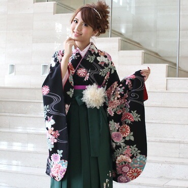 レンタル卒業式 袴 レンタル 女 袴セット 卒業式袴セット2尺袖着物＆袴 フルセットレンタル黒地に紫菊と松流水柄安い 黒 大正ロマンハカマ はかま rental