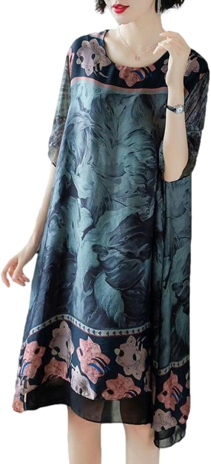 ブルーベリル ワンピース レディース Aライン 膝丈 ボタニカル柄 シフォン 五分袖 裏地有 シルク調 ゆったり(ライトブルー, 2XL)