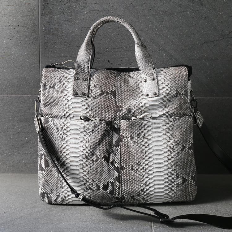 ダイヤモンド パイソン メンズ トートバッグ ブリーフケース 2WAY ショルダーベル付き A4 対応 ビジネスバッグ ブラック/ナチュラル 旅行バッグ 本革 蛇革 プレゼント ギフト (060017