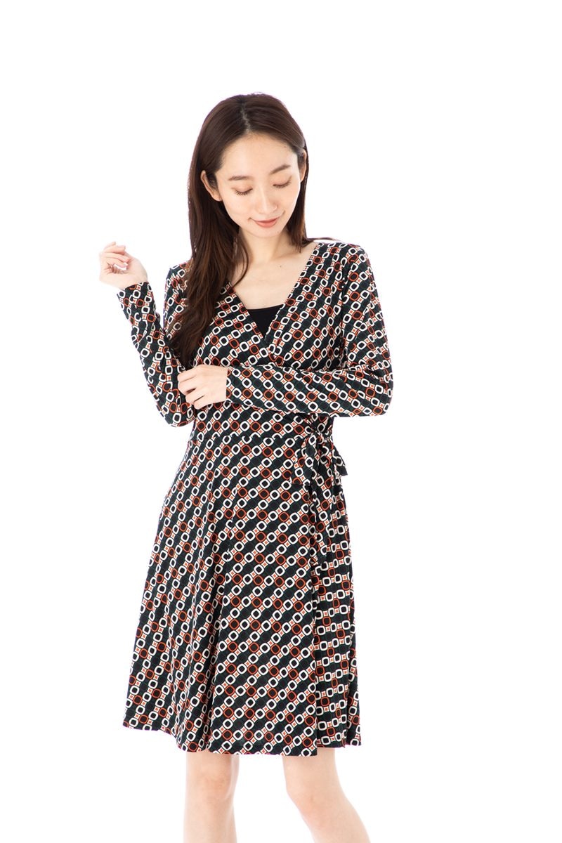 ファス(FAS)ワンピース T2 T3 T4サイズ 長袖 ひざ丈 総柄 カシュクール 大人上品ワンピース レディース Fille A Suivre