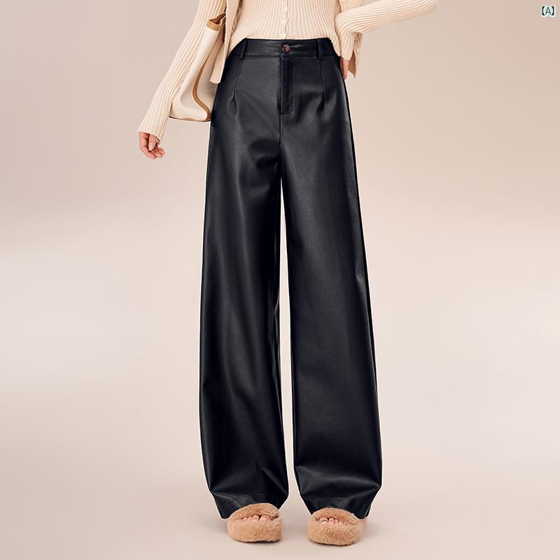 ブラウンレザー パンツ ワイド レッグ レディースパンツ 秋冬 ハイウエスト カジュアル ドレープ 快適 ストレート