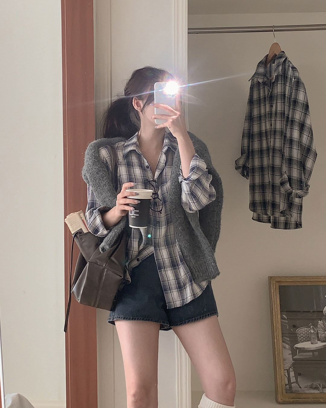 オーバーフィットチェック柄シャツ韓国ファッション レディース