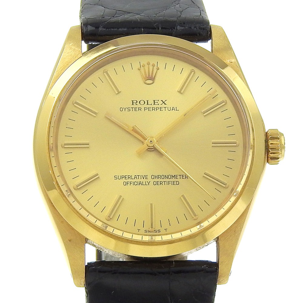 オイスターパーペチュアル cal.1570 1002 腕時計 K18ゴールド クロコダイル 自動巻き メンズ シャンパンゴールド文字盤 中古品