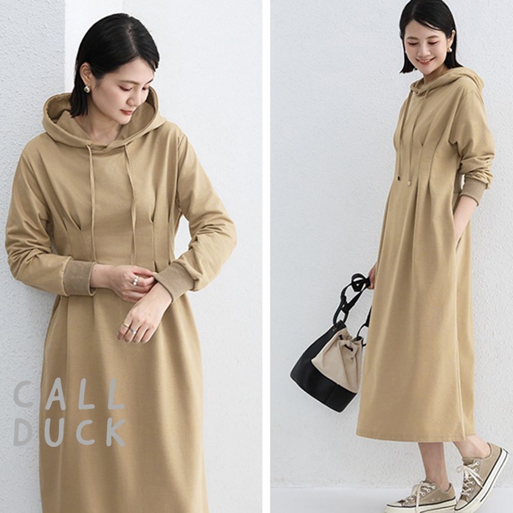 ワンピース M 長袖 レディース ウエストタック パーカー フード ハイウエスト ポケット 無地 カジュアル 122952