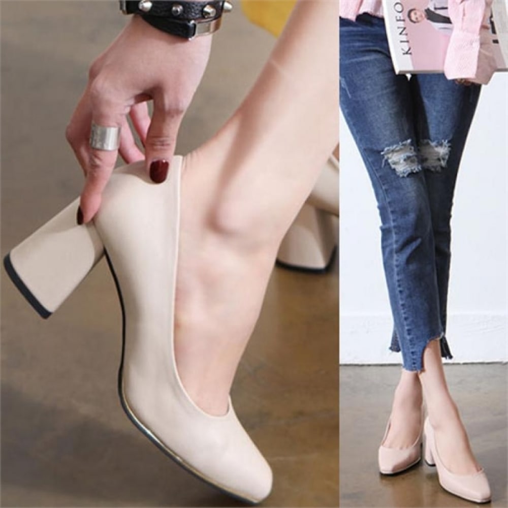 (ニナスパリ) スクエアヒールパンプス7cm韓国製 (0K029)