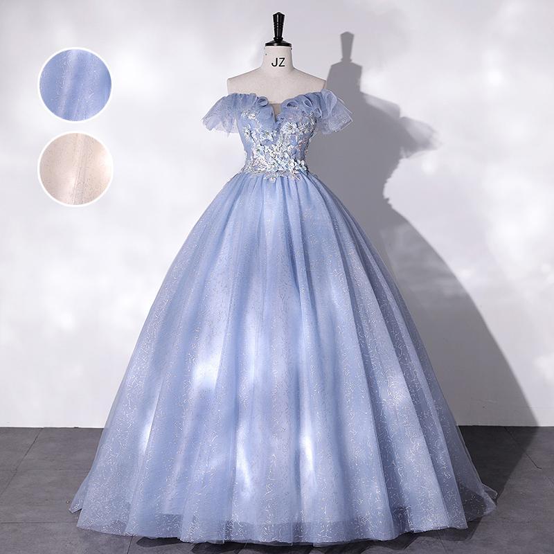 カラードレス ブルー シャンパン ロングドレス 演奏会 イブニングドレス プリンセスライン ステージ 舞台衣装 発表会 コンサート コンクール 大人 成人式 司会-144