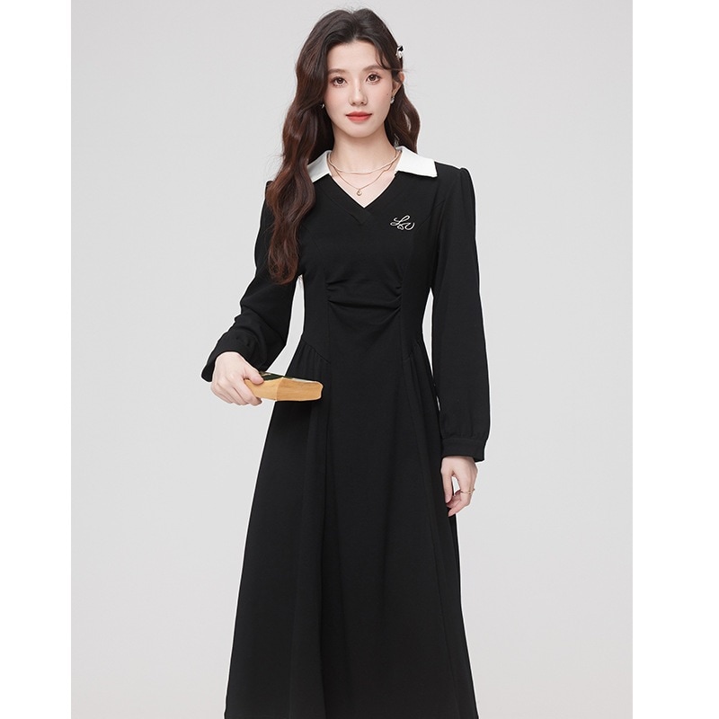 【急速出荷】送.料.無.料.カラーカラー襟をぶつけてしわを寄せて 秋 通勤にやせて見える ロングスカート ワンピース