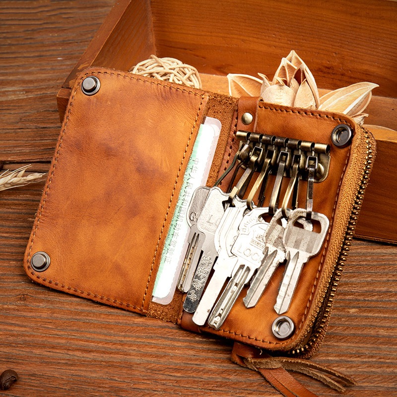 遅時頭層植なめし牛革小銭入れ手制本革キーバッグカードバッグ多机能鍵匙バッグ男女款