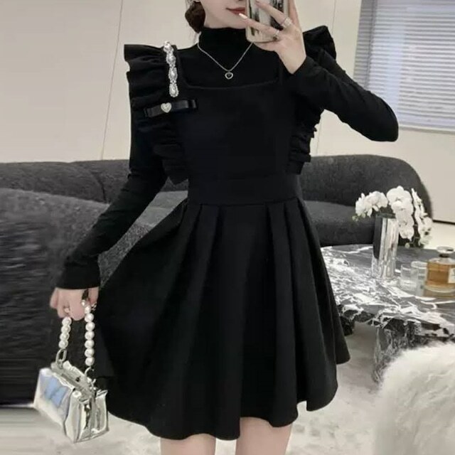 レディース セットアップ ビジュー付き ワンピース + トップス 2点セット ハイネック フリル タック ショートスカート ブラック 大人可愛い ママコーデ ママファッション 韓国系 オルチャン 人気