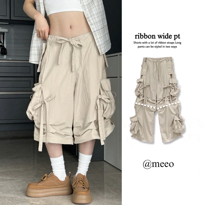 [2種類ver] バニー リボン ストラップ ワイド カーゴ パンツ バミューダ 薄い生地 夏 フードフィット