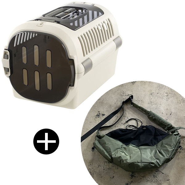 キャンピングキャリーファイン ダブルドア M アイボリー + PUFF PET PUFF SLING P25001-54 カーキ ペットキャリー セット