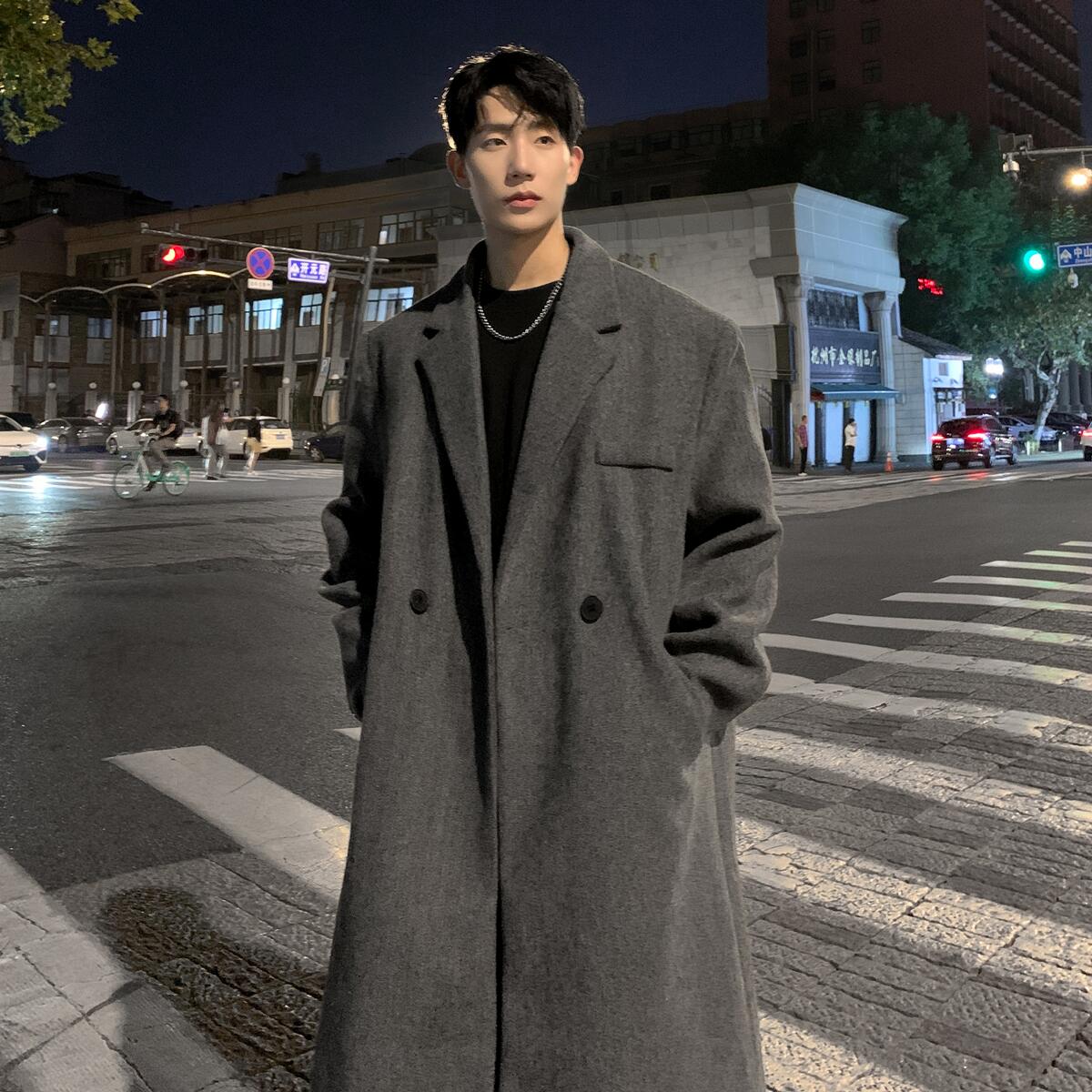韓国スーツ襟ミドル丈ウールコート男性用プラス太い大きいサイズゆったりトレンディな厚みのあるニーハイ暖かいウインドブレーカージャケット