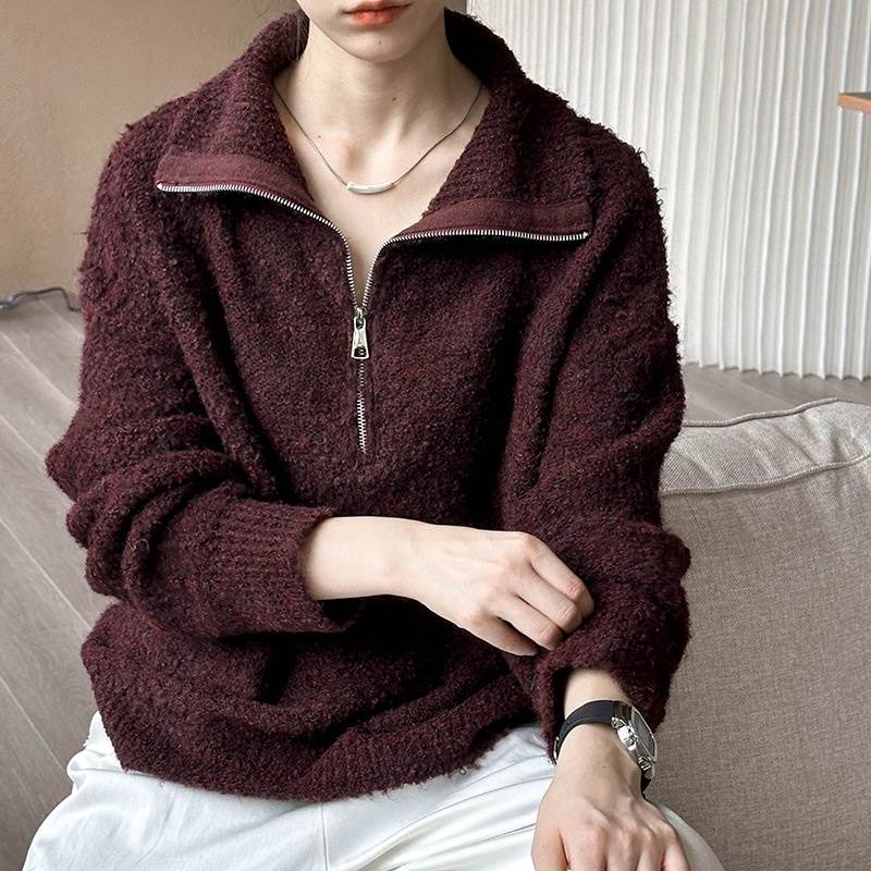 トップス セーター レディース 長袖 襟付き ハーフジップ タートルネック ミディアム丈 プルオーバー かわいい 大人可愛い きれいめ シンプル 上品 おしゃれ かっこいい カジュアル こなれ感 個性