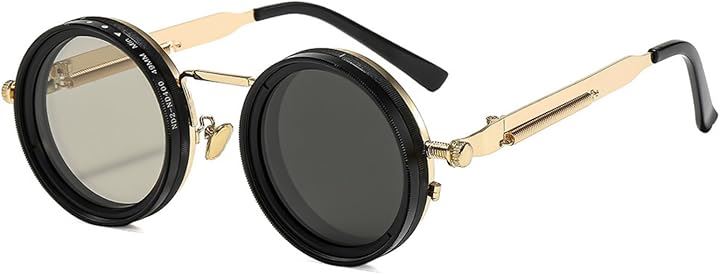 サングラス 9段階調節可能 丸型 ラウンド レンズ 偏光 UVカット アウトドア レジャー ユニセックス 眼鏡(ゴールド)