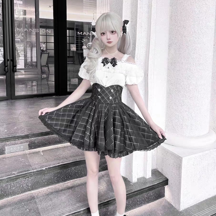 【送.料.無.料.急速発送】量産型白黒半袖デコルテトップスハイウエストチェックハーフスカートスーツで甘めガーリーに