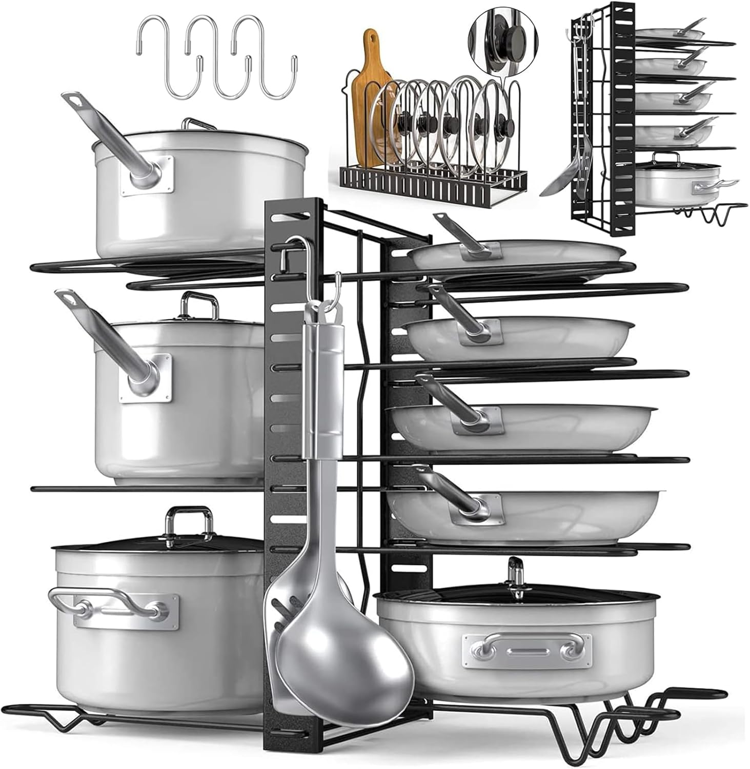 フライパンと鍋用収納ラック 8仕切り フック3枚付き 高さ調整可能 シンク下収納対応 (ブラック)