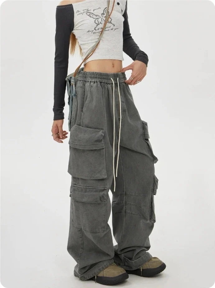 アメリカン レトロ ワイドパンツ ワークパンツ ジーンズ 25 新到 マルチポケットカーゴデニムパンツ