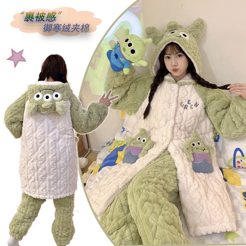 冬のパジャマ女性厚手3段重ね綿入り珊瑚絨毯スリーパー可愛いアニメ三眼怪奇部屋着セット