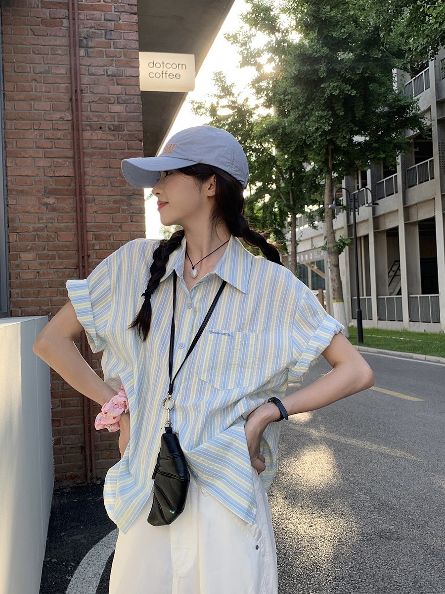 プルシアンブルーコントラストストライプカレッジスタイルplカラー半袖シャツ2024夏万能シャツ