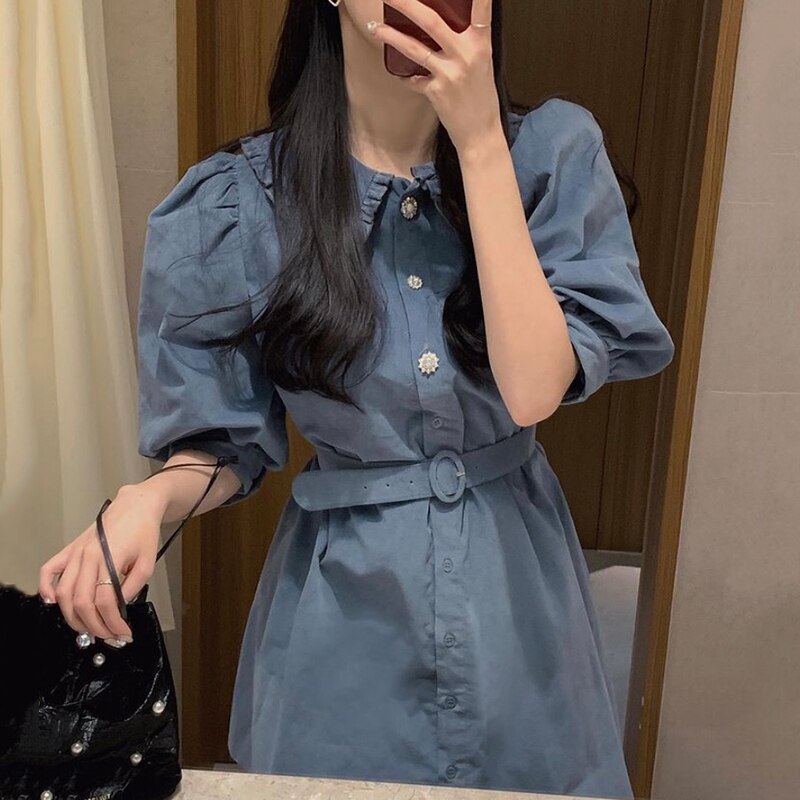 レトロ風 ワンピース 半袖 春 夏 きれいめ カジュアル かわいい フォーマル aライン シャツワンピース Aライン フレア ショート ショート丈 膝上 五分袖 ぽわん袖 ボリューム袖 ボリュームスリ