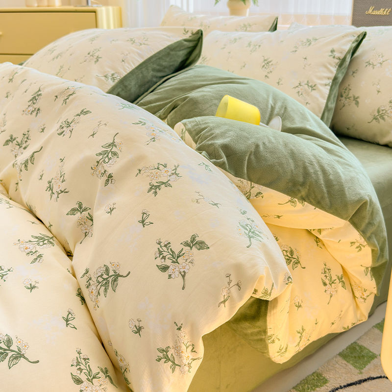 秋冬のミルクレーヨン4点セット全綿純綿ab面サンゴフランネルシーツ布団カバー加絨床品