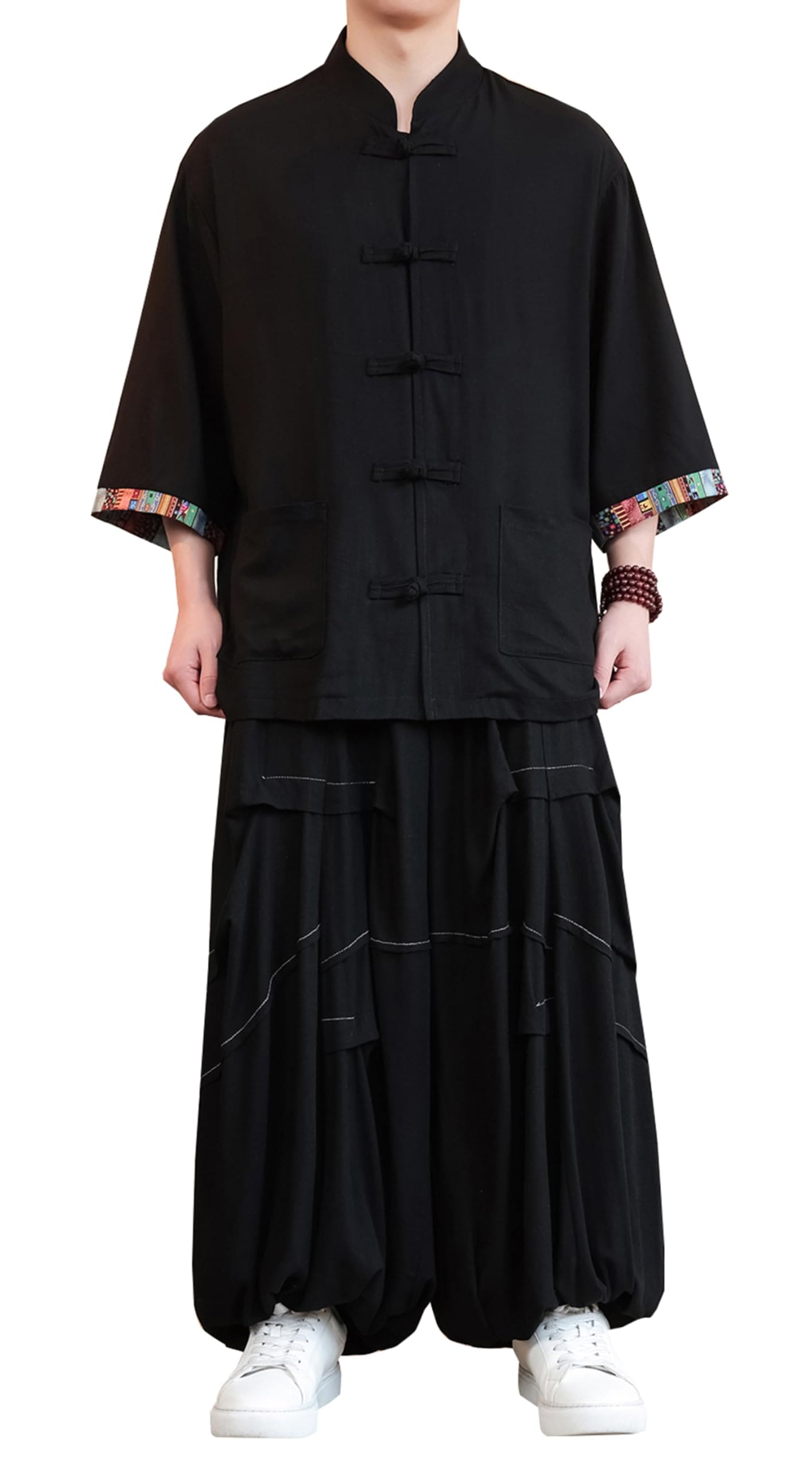 中国風のスーツの男性用リネンの七分袖のラペルシャツ綿麻のロークロッチパンツの上下スーツのズボン漢服のゆったりした大きいサイズ太極拳のスーツカンフーの中国の服禅の服