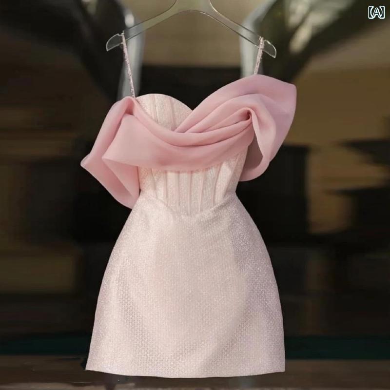 ドレス　パーティー　レディース 女性用 ピンク フレンチ ドレス 夏の スタイル ハイエンドの 軽い 贅沢 ヘリンボーンの 誕生日 パーティー