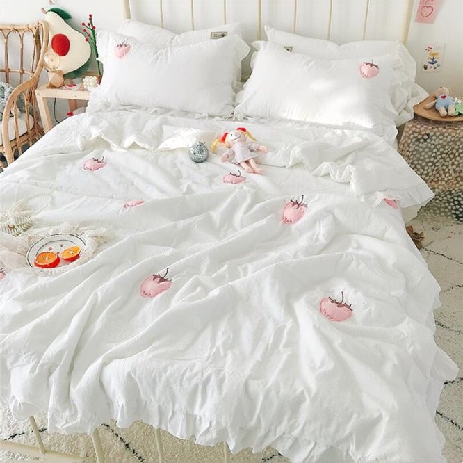 布団 掛け布団 4点セット 刺繍 フリル 夏用 敷き布団 ふとん 寝具 コットン 涼感 はだがけ 夏