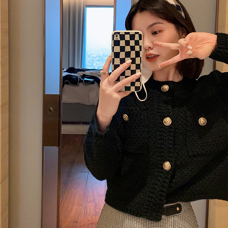 ニットジャケット トップス カーディガン クラシック シンプル ブラック 黒 ショート丈 袖あり