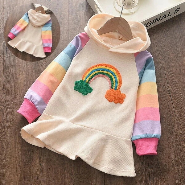 新アップグレード新品韓国子供服 ワンピース 女の子 スウェットワンピース 春着 秋着 虹柄 長袖ワンピース キッズ 普段着 通園着 通学着 子ども服 旅行 お出かけ 誕生日 結婚式 90 100 11