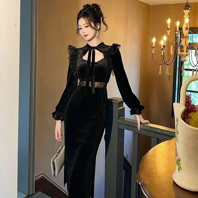 【JY.上品】 秋冬 ベルベット ワンピ 着痩せ パーティードレス キャバ 着痩せ 大人 同窓会 披露宴 卒業式 結婚式 演奏会 ウェディング 二次会