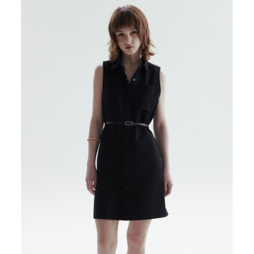 CHOWOO スリーブレスデニムシャツドレス-ブラック(女)