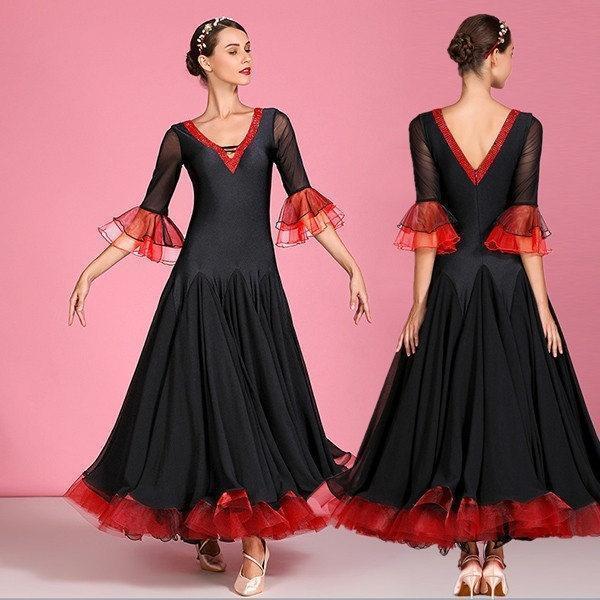 社交ダンス衣装 モダンドレス 練習着 ロングドレス ワンピース ダンスウエア チャチャ 競技用大きい裾 レディース ステージ衣装 ブラック