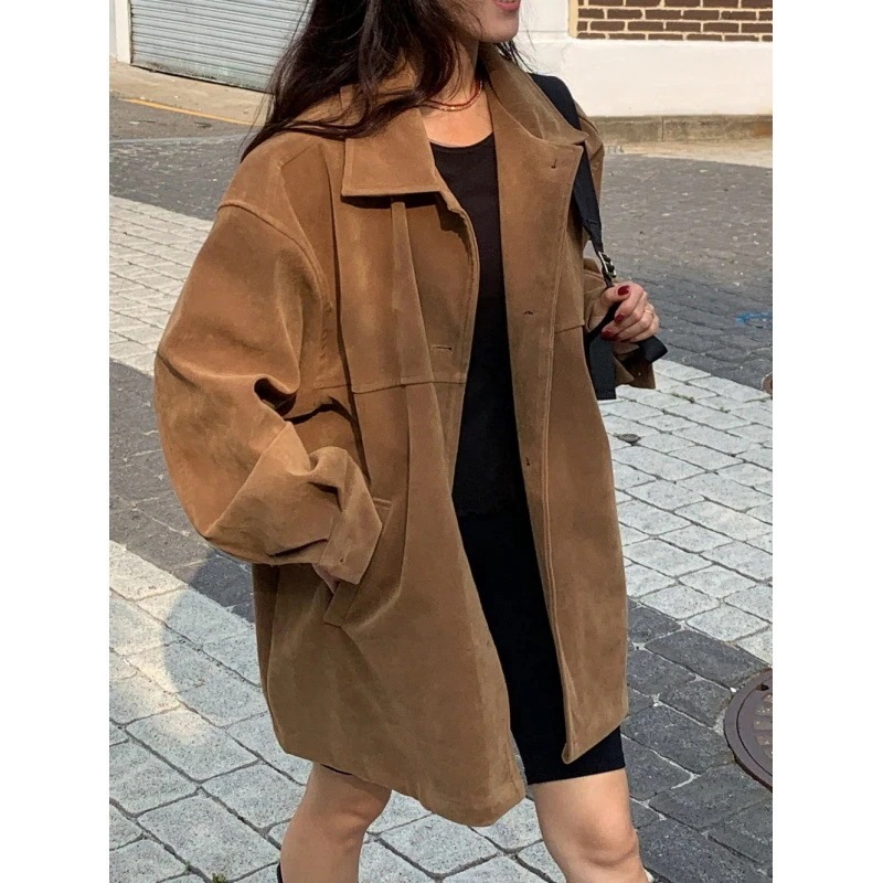 スエードジャケット 女性用 長袖 ルーズ 韓国 ファッショナブル ニッチデザイン 多用途